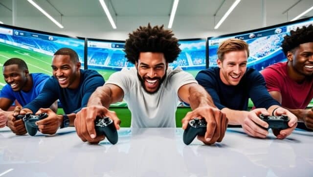 des hommes qui jouent au jeu vidéo de foot avec leur manette Groupe d'hommes jouant à des jeux vidéo souriants.