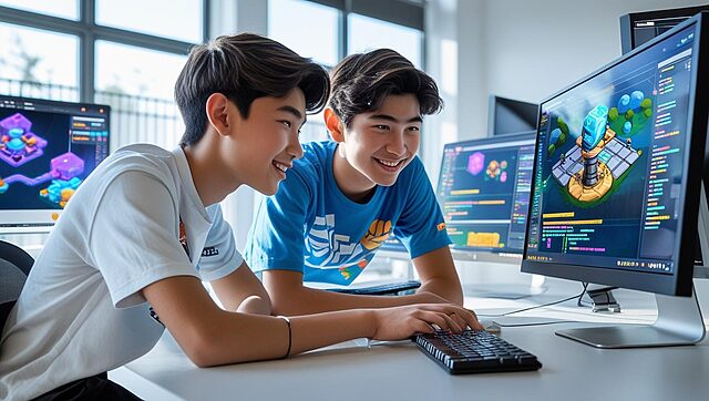 des jeunes adolescents faisant un stage de jeu vidéo dans une salle (1) Deux garçons codent sur ordinateur à l'école.