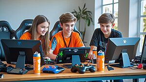 Jeunes jouant à des jeux vidéo sur ordinateurs.