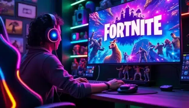 des revelations fuitees annoncent des evolutions majeures pour fortnite a son lancement 681x389 Personne jouant à Fortnite avec casque lumineux.