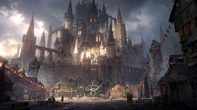 diablo 3 : tous les cadeaux du 3e anniversaire à Château fantastique entouré de drapeaux et de maisons.