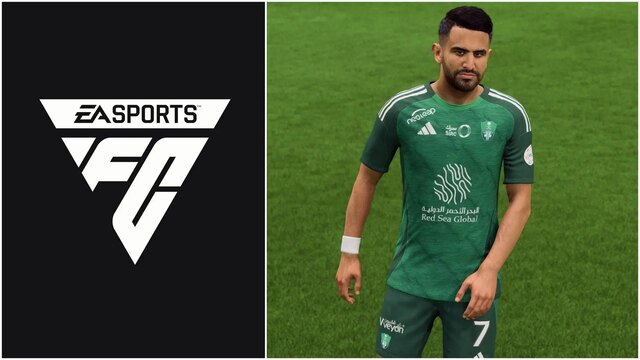 ea fc 25 : mahrez tots sbc fuite, stats et Logo EA Sports FC, joueur en maillot vert.