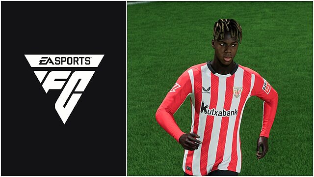 ea fc 25 : nico williams en tots sbc ? Logo EA Sports et joueur en maillot rayé rouge.