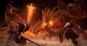 Combat épique contre un monstre enflammé.