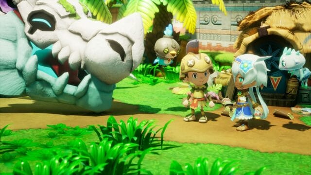 Personnages colorés dans un environnement tropical fantastique.