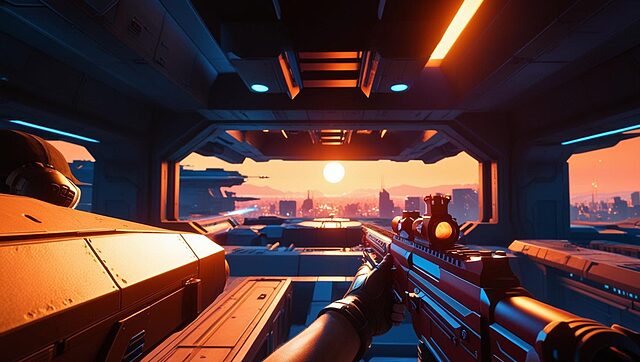 first personnal shooter Joueur tenant un fusil futuriste au coucher du soleil.