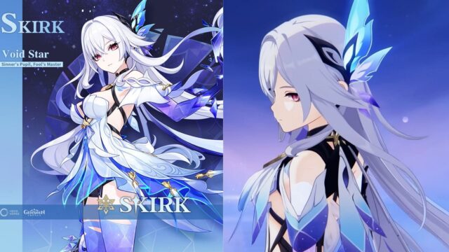 fuite du kit de skirk sur genshin impact : voici Personnage de jeu vidéo aux cheveux blancs et bleus.