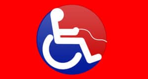 Symbole handicap avec manette, fond rouge.