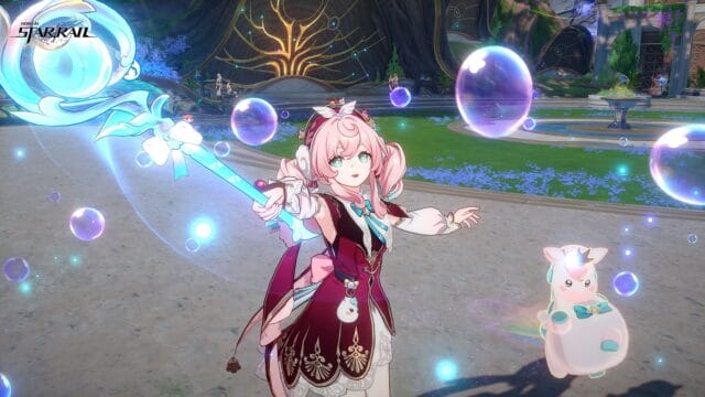 hyacine e1 ou s1 honkai star rail : ne faites Personnage animé avec sceptre magique et bulles.