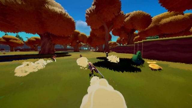 Personnages colorés dans un jeu vidéo en forêt.