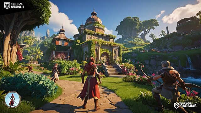 jeu immersif Explorateurs devant un temple luxuriant, jeu vidéo.