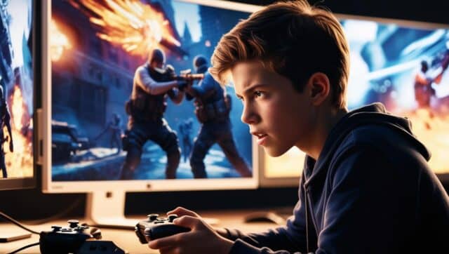 jeux vidéo de tir (1) Enfant concentré jouant à un jeu vidéo explosif.