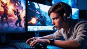 Joueur concentré sur un jeu vidéo de tir.