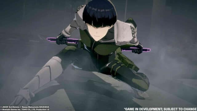 kaiju no 8 le jeu : préinscrivez vous vite pour amélioration Personnage animé avec une épée violette lumineuse