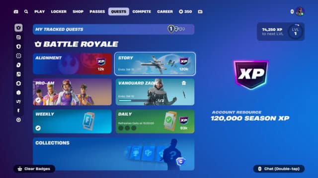 maîtrisez les quêtes de fortnite : 5 astuces pour briller Interface de jeu avec options et quêtes.