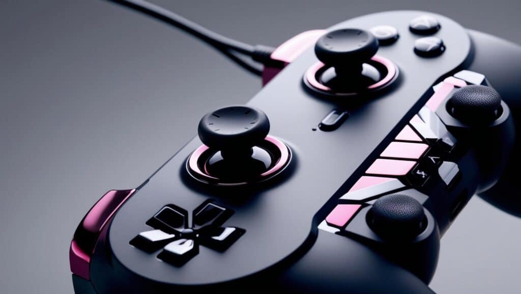 Manette de jeu moderne avec détails roses.