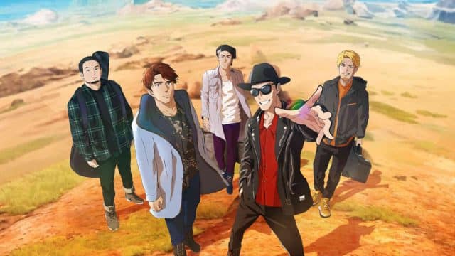 ne manquez pas les performances incroyables des anime awards 2025 Cinq personnages animés dans un paysage désertique.