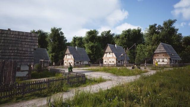 nouveau dans manor lords : découvrez des cartes inédites et Village médiéval avec maisons en bois et personnages.