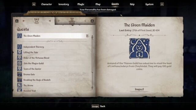 oblivion remastered : réussirez vous la quête voleuse elfe ? Capture d'écran d'un journal de quêtes de jeu.
