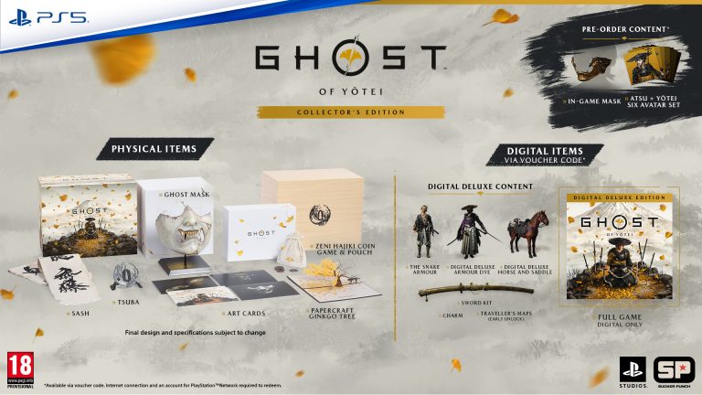 Graphiques de la Collector's Edition de Ghost of Yotei montrant des objets physiques et des articles de jeu