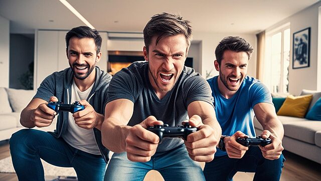 Trois hommes jouent ensemble à des jeux vidéo.