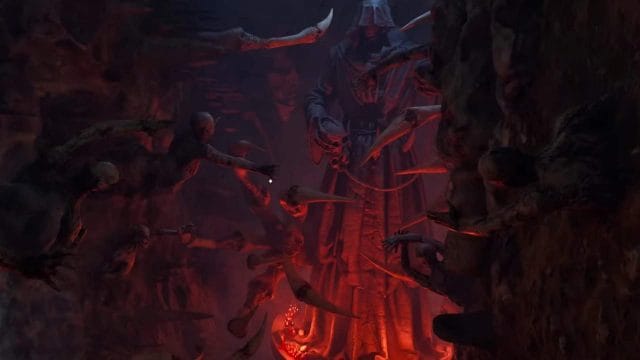 réussissez deepscorn hollow : 5 astuces incontournables à découvrir ! Créatures sombres dans une caverne illuminée en rouge.
