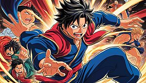Personnages d'anime en action dynamique et colorée.