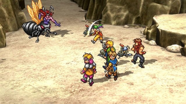 suikoden i&ii hd remaster 1.0.3 : 5 nouveautés incontournables à Personnages pixelisés combattant un insecte géant.