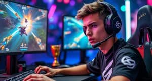 Joueur concentré sur un jeu vidéo en compétition