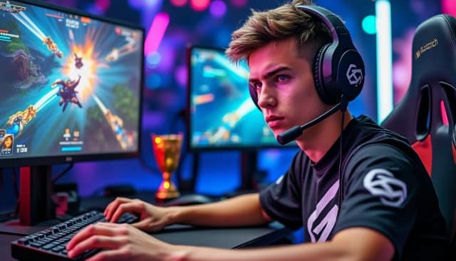 téléchargement Joueur concentré sur un jeu vidéo en compétition