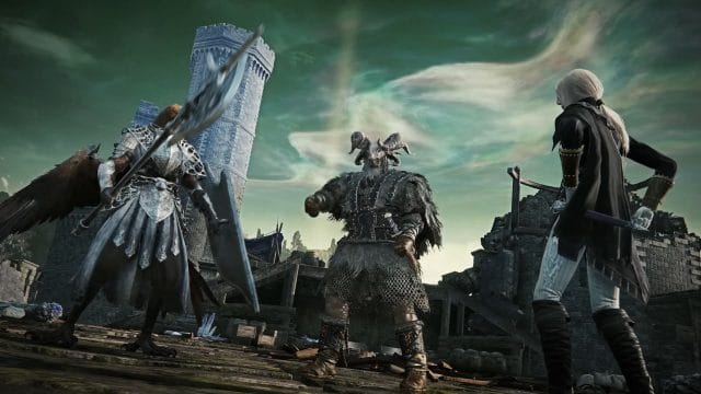 top 5 révélations surprenantes de la bande annonce d'elden ring nightreign Personnages médiévaux confrontant un géant sous ciel vert.