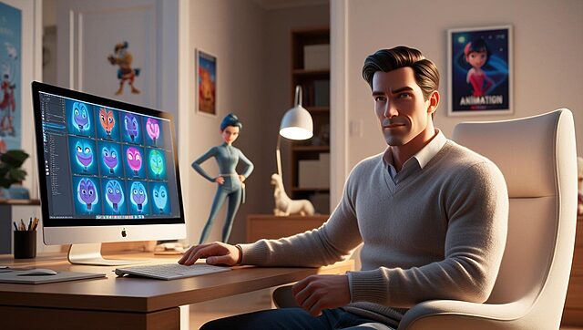 un designer d'animation devant son pc Designer travaillant sur animation 3D au bureau.
