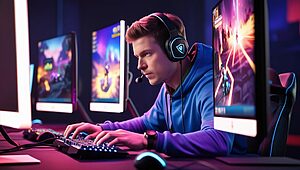 Joueur concentré devant trois écrans de jeu vidéo.