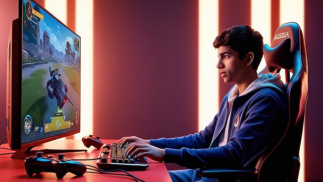 un gamer devant sa console (2) Adolescent joue à un jeu vidéo sur PC.