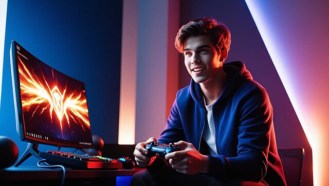 un gamer devant sa console Jeune homme jouant à la console, écran lumineux.