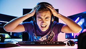 Jeune homme frustré devant ordinateur, casque sur les oreilles.