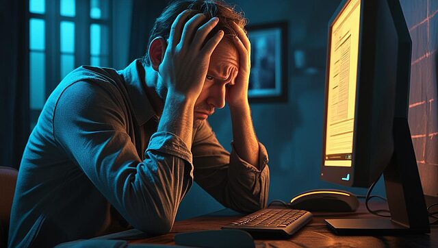 Homme stressé devant ordinateur allumé.