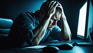 Homme stressé devant un écran d'ordinateur.