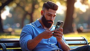 Homme barbu sur un banc, utilisant smartphone.