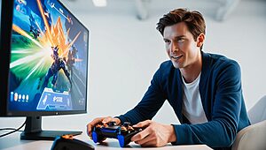 Homme jouant à un jeu vidéo sur ordinateur.