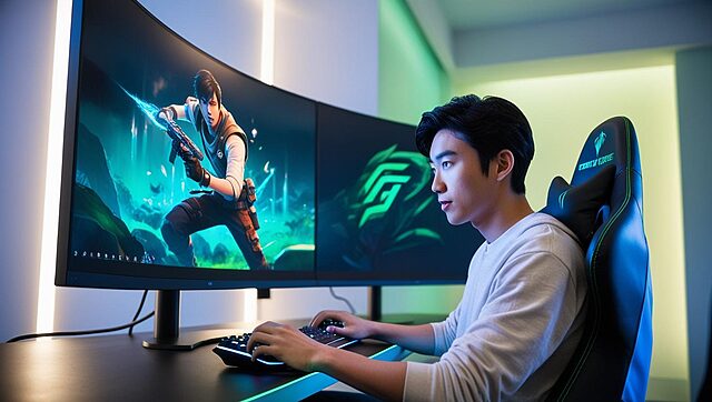un homme jouant à un jeu vidéo (1) Homme jouant à un jeu vidéo sur double écran.