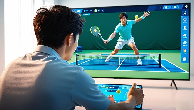 Homme jouant au tennis sur écran interactif.