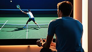 Homme jouant à un jeu de tennis sur console.