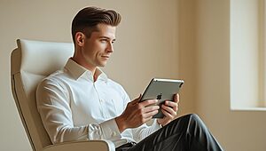 Homme lisant une tablette dans un fauteuil.