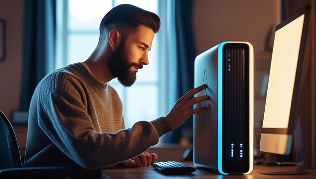 un homme touchant à son pc (1) Homme utilisant ordinateur moderne à domicile.
