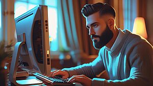 Homme concentré travaillant devant un ordinateur.
