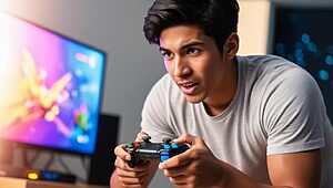 Jeune homme jouant à un jeu vidéo.