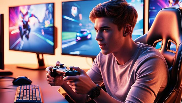 un jeune homme jouant à un jeu avec sa manette (1) Jeune homme jouant à des jeux vidéo.