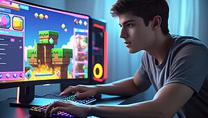 Personne jouant à un jeu vidéo sur écran d'ordinateur.