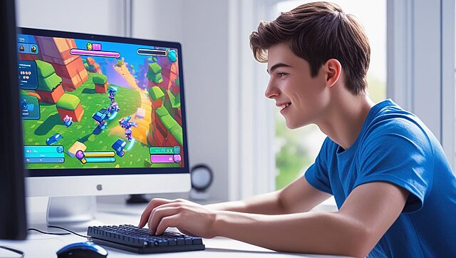 un jeune homme qui joue à un jeu de plateforme devant son pc (1) Jeune homme jouant à un jeu vidéo sur ordinateur.